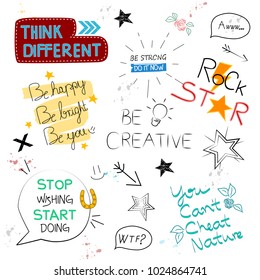 Graphic Slogan set isolated on white background.Trendy hand drawn typography for web site,poster,placard and t shirt print template.Creative kids painting art concept,vector illustration eps 10