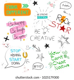 Graphic Slogan set isolated on white background.Trendy hand drawn typography for web site,poster,placard and t shirt print template.Creative kids painting art concept,vector illustration eps 10