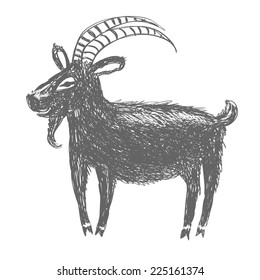 Graphic sloppy painted grey goat isolated on white background. Child cartoon style