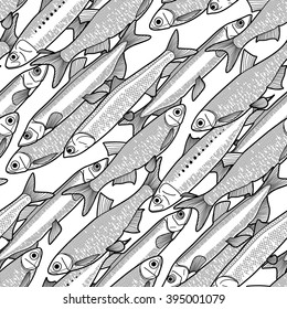 Graphic small  fish seamless pattern drawn in line art style. Anchovy, capelin, sardine and sprat for seafood menu.  Sea and ocean creatures. Coloring book page design for adults and kids