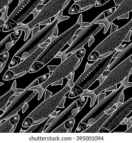 Graphic small  fish seamless pattern drawn in line art style. Anchovy, capelin, sardine and sprat for seafood menu.  Sea and ocean creatures
