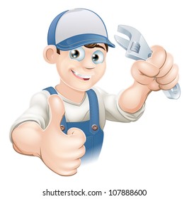 Graphic of a smiling plumber, mechanic or handyman in overalls holding a wrench and giving thumbs up