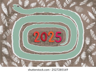 Gráfico de Serpente feito de papel picado
na forma de uma cobra, em torno do número 2025 com gráfico feito em folhas forma em fundo marrom