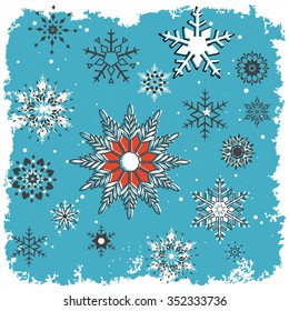Graphic Snowflakes with blue/teal grunge background and grunge white frame 