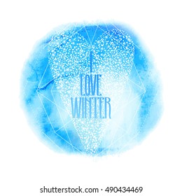 Graphic snowflakes in the shape of heart. Winter design on watercolor texture in blue colors.