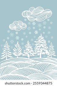 Graphic snowy landscape with fir trees in the field. hand drawing. Not AI, Vector illustrations