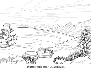 Graphic snowy mountain landscape. Vector illustration of the Ice Age.