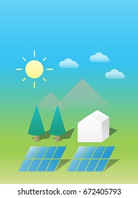 graphic of solar panels illustrate basic self sustained system. sun cloud mountain tree house. clean cute and simple colorful modern style. Renewable Energy. Vector image presentation flat view