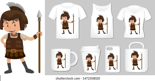 Graphic of soldier on different product templates illustration
