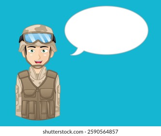 Graphic of a soldier with a speech bubble. The figure is dressed in a uniform, helmet with glasses, and a bulletproof helmet. The speech bubble is coming off the figure. Flat design vector.