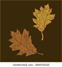 Graphic solution of oak leaves.Image on white and colored.vector.