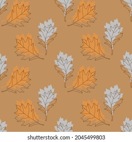 Graphic solution of oak leaves.Image on white and colored.vector.Seamless pattern.
