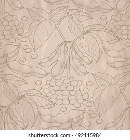 Graphic soybean collection drawn in line art style. Vector seamless pattern in ocher colors.