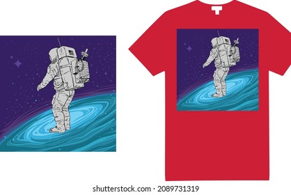 Graphic space t-shirt design with Astronaut. Print for t-shirts and another, trendy apparel design. Cosmonaut in universe, solar eclipse. Spaceman. Symbol of science, astronomy, education
