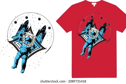 Graphic space t-shirt design with Astronaut. Print for t-shirts and another, trendy apparel design. Cosmonaut in universe, solar eclipse. Spaceman. Symbol of science, astronomy, education
