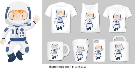 Graphic of spaceman on different product templates illustration