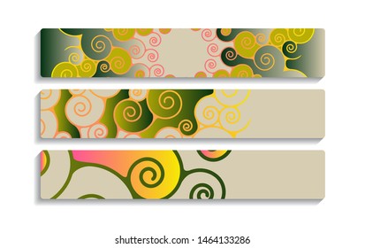 graphic spiral clouds banners set in green yellow shades