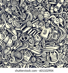 Graphic Sport hand drawn artistic doodles seamless pattern. Monochrome, detailed, with lots of objects vector trace background