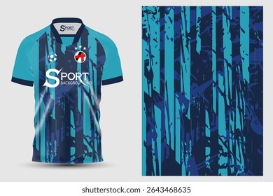 A graphic sports shirt in shades of blue and black. The shirt features overlapping lines and geometric shapes in shades of dark blue and black, creating a sense of movement and energy.