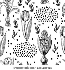 
Graphic spring pattern with flowers. Endless ornament for a variety of decorative surfaces. Vintage motive.