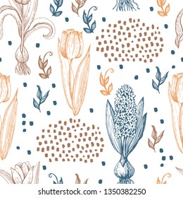 
Graphic spring seamless with plants. Endless ornament for a variety of decorative surfaces. Vintage motive.