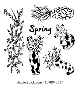 Graphic spring set. Branch, flowers and plants in vases. Lettering, word SPRING. Isolated vector botanical doodle elements on a white background. Good for card, poster, invitation, banner, wallpaper.