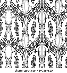 Graphic squid drawn in line art style. Sea and ocean creature. Vector seamless pattern. Coloring book page design for adults and kids