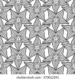 Graphic starfish collection drawn in line art style. Vector ocean seamless pattern. Coloring book page design for adults and kids