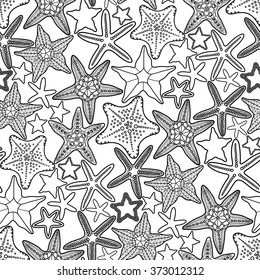 Graphic starfish collection drawn in line art style. Vector Sea and ocean seamless pattern. Coloring book page design for adults and kids