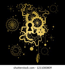 Graphic steampunk print. Vintage clocks and mechanism.