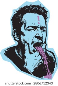 Graphic sticker illustration of a man gagging with tongue out grunge style art