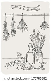 Graphic still life with bindings herbs and olive oil with vegetables.