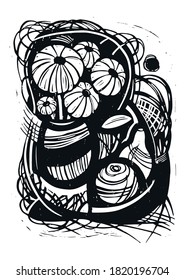 Graphic still life with flowers, apple and pear. Abstract still life. Print texture. Still life linocut. Vector modern engraving still life.