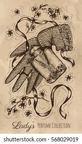 Graphic still life with glove, perfume bottle and flowers. Hand drawn engraved illustration. Vintage drawing in sketch style.