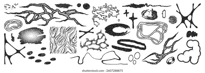Graphic stippling shape asset pack. Grain texture abstract figures in vector for design template, poster, sticker. Trendy elements isolated on white background