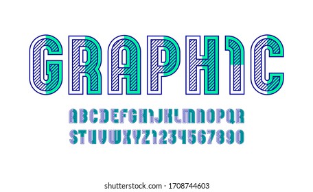 Graphic striped font, colored alphabet sans serif, modern uppercase Latin letters from A to Z and Arab numbers from 0 to 9 for you designs, vector illustration 10EPS