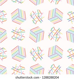 Graphic striped geometric cube polka dot. Abstract seamless vector pattern. Trendy rainbow all over print with stripes shapes. Stylish illustration for kids textiles or modern home decor background.