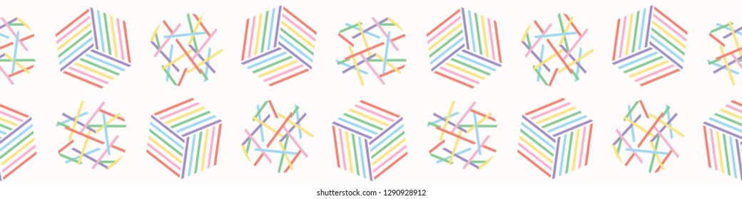 Graphic striped geometric cube polka dot. Abstract seamless vector border. Trendy rainbow edge trim with stripes shapes. Stylish illustration for kids textiles or modern home decor banner ribbon.