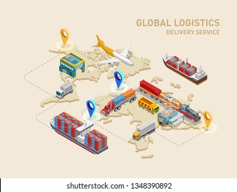 Graphic structure of global logistics and delivery service with various freight transport and destination points on world map