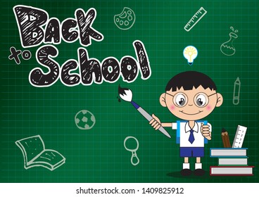Graphic of a student in the classroom with chalkboard of back to school - Vector