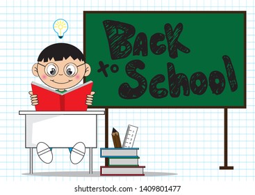 A graphic of student in a classroom with chalkboard background - Vector