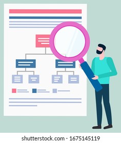 Graphic studying, business statistics infographc or scheme vector. Office worker and graph, presentation and magnifying glass, research and knowledge