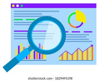 Graphic studying, business statistics infographic or scheme vector. Visual graph presentation, presentation and magnifying glass, research and knowledge. Development and analytical data illustration