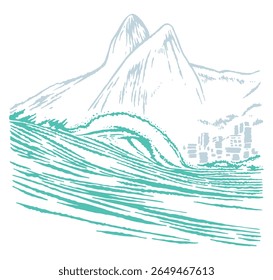 Graphic style art of the coastal region of the city of Rio de Janeiro, Brazil.