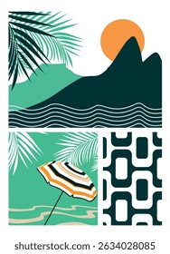 Arte em estilo gráfico representando a orla marítima da cidade do Rio de Janeiro, Brasil.