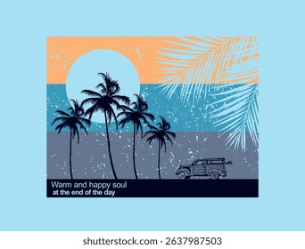 Graphic style art of surfer car in coastal region.
