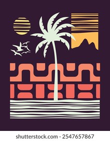 Graphic style drawing of a coconut tree silhouette at sunset.	