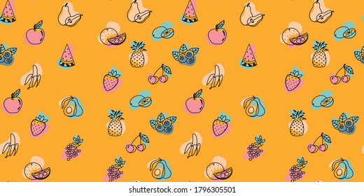Graphic style fruits and berries seamless vector pattern on colorful background.