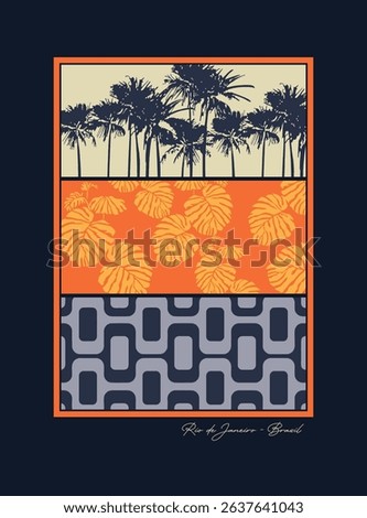 Graphic style illustration with elements of the city of Rio de Janeiro, Brazil.