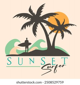 Graphic style illustration of surfer silhouette on beach landscape.